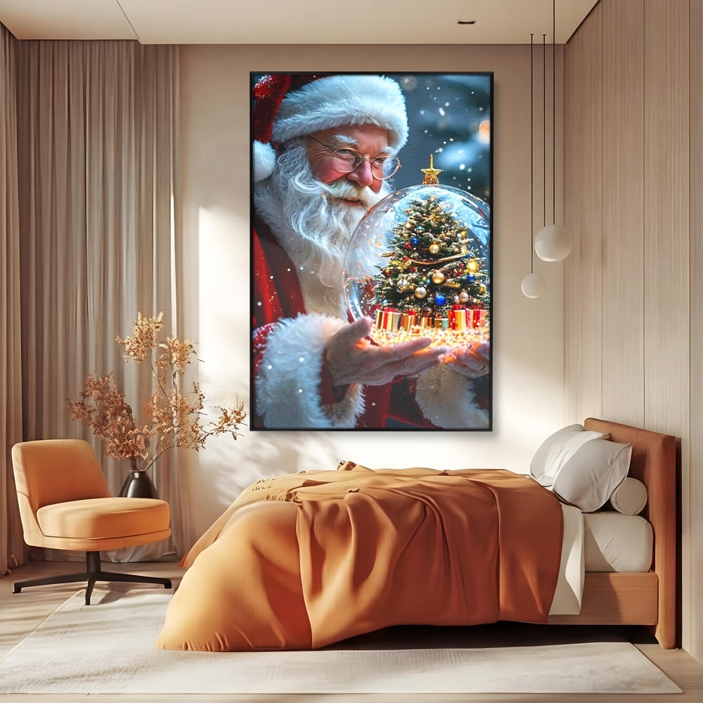 Tablou canvas cu tablou canvas cu mos craciun, in rama de aluminiu negru, pe perete intr-un dormitor